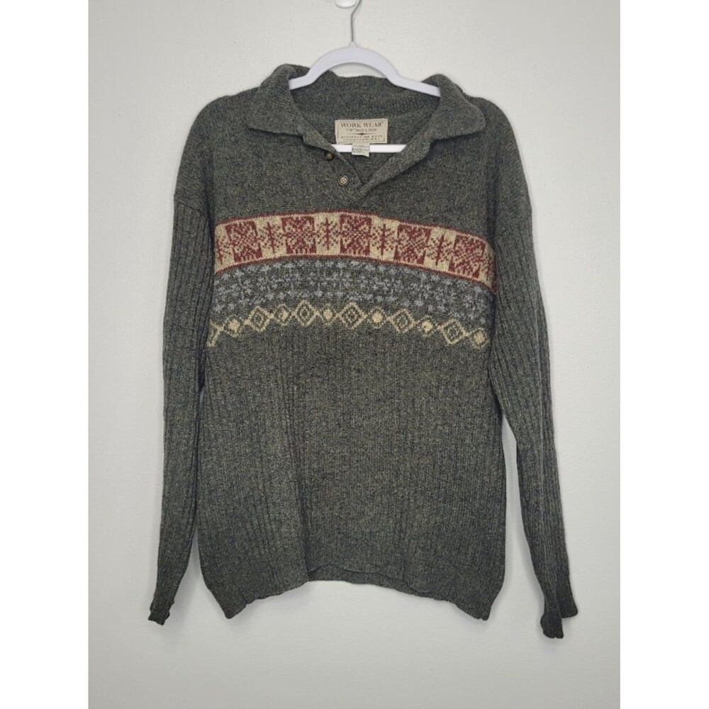 Work Wear green brown shetland wool vintage look henley sweater size large